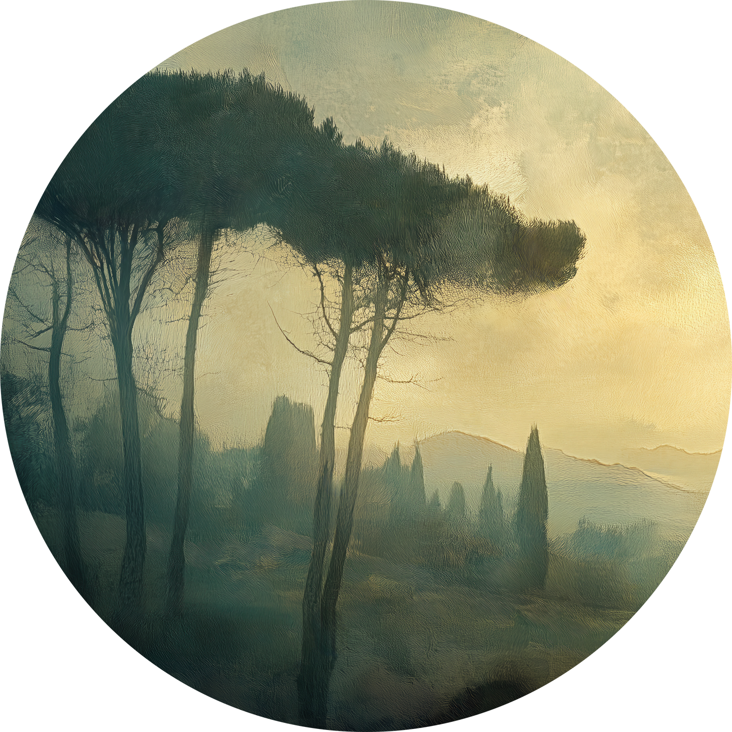 Toscana Nebeltraum – Runder Wandsticker mit nebelverhangener Landschaft
