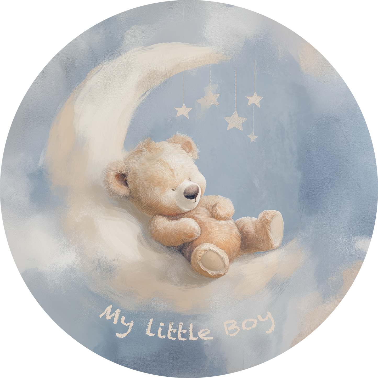 Runder Wandsticker „My Little Boy“ mit schlafendem Teddybär auf einer Mondsichel in Blau für Babyzimmer