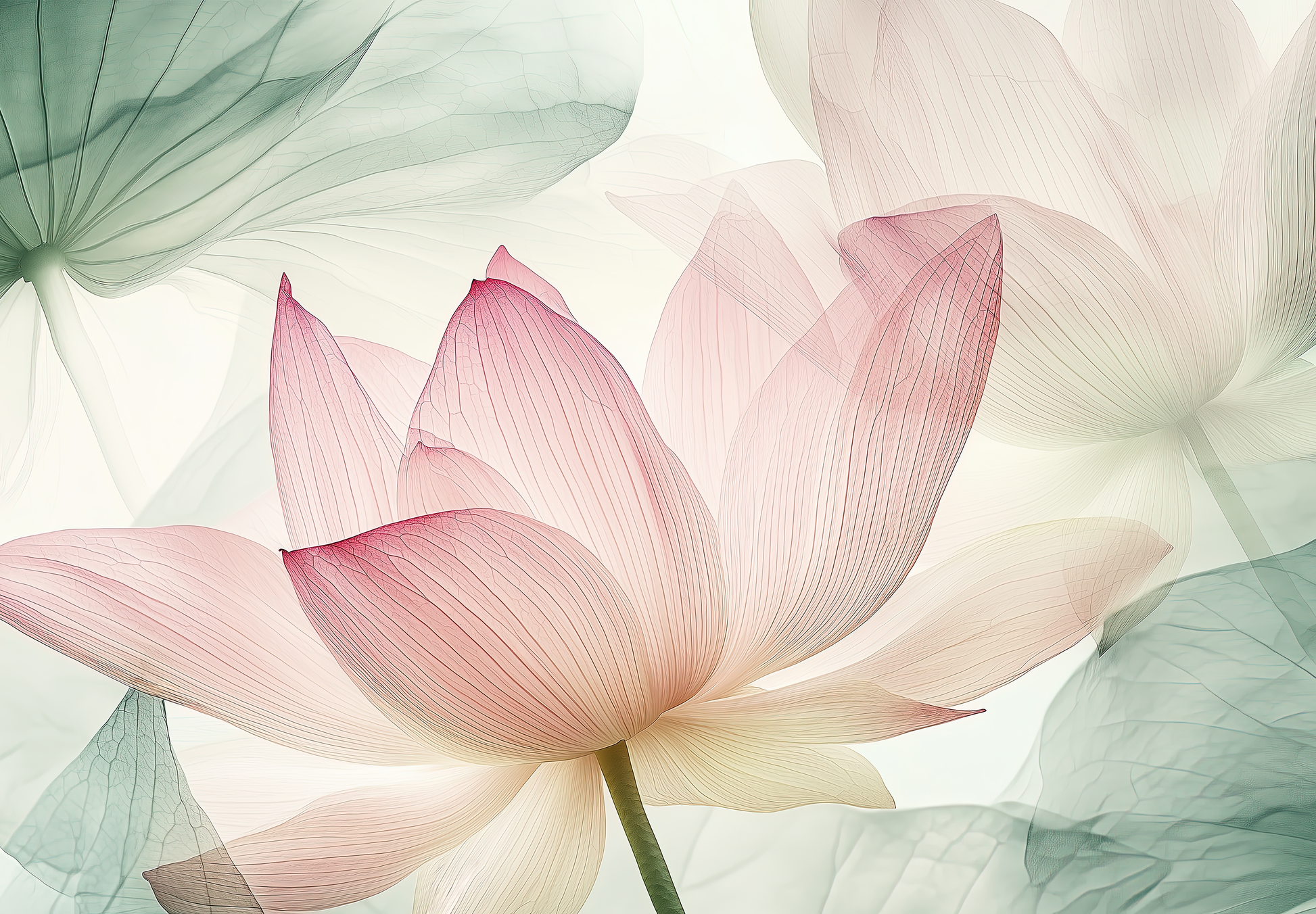 Lotusblüten-Tapete in Rosé und Grün – selbstklebende Vliestapete im Aquarellstil
