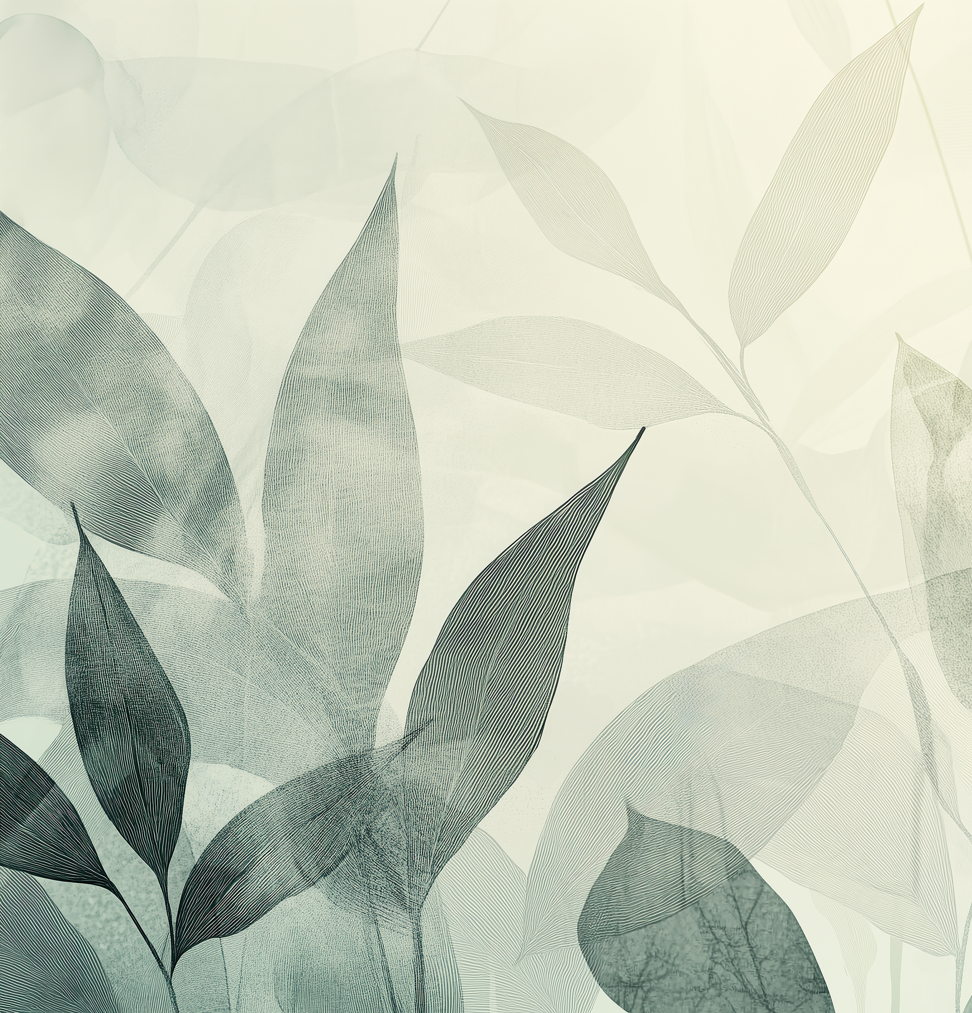 Botanische Vliestapete mit zarten Blättern – Lichtlaub Design