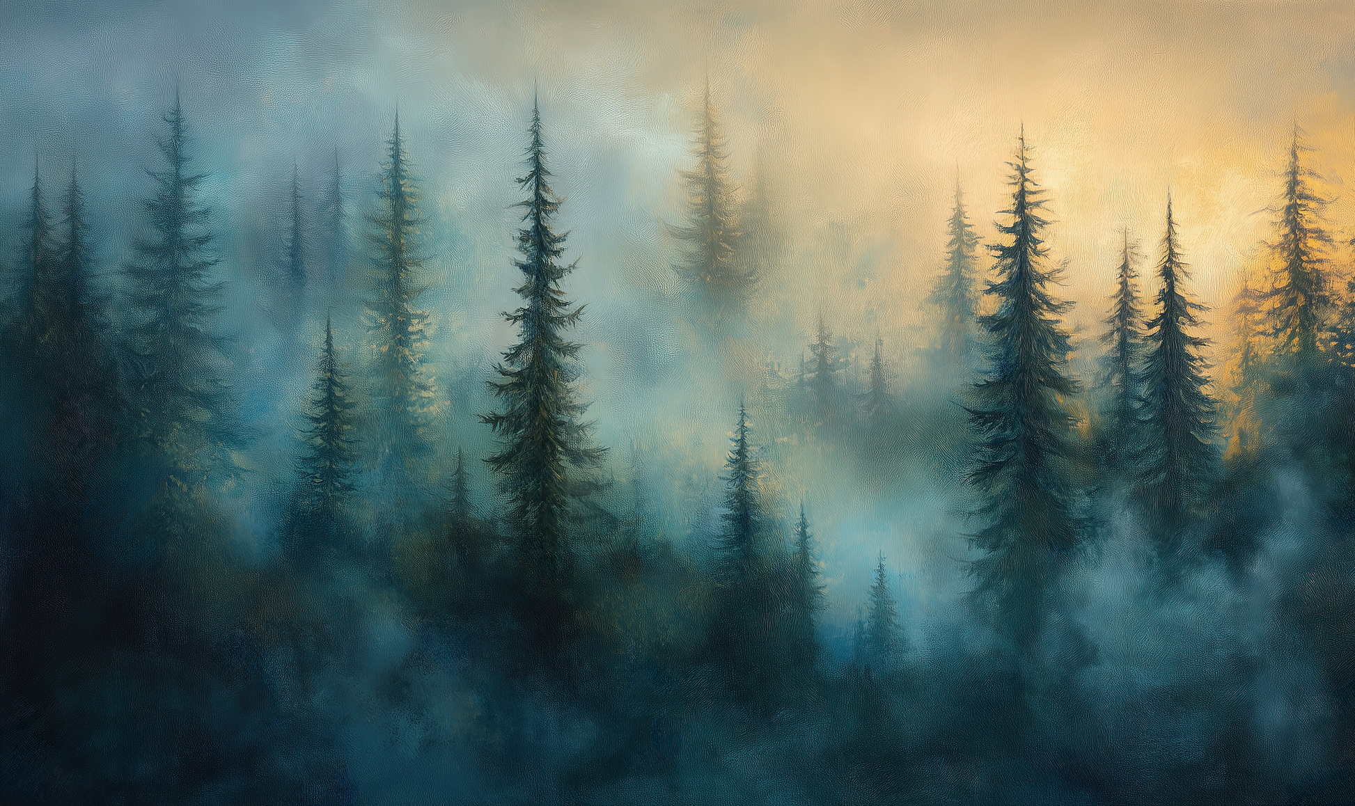 Mystische Vliestapete mit Tannengrün & Nebelblau – Nebelwald Design