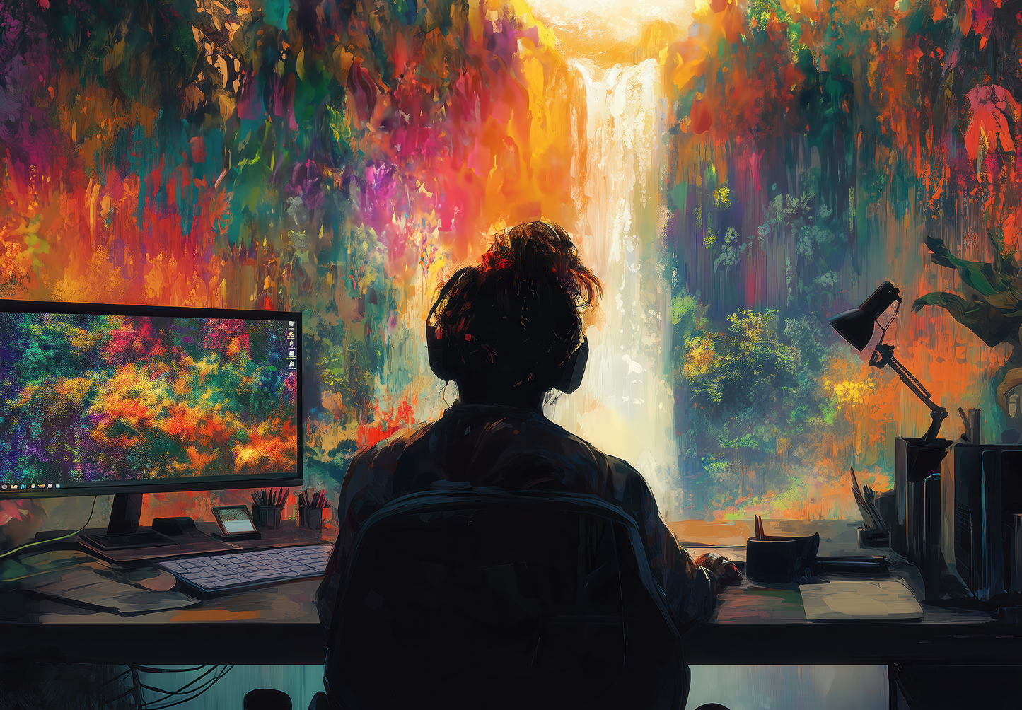 Person am Schreibtisch mit Headset vor farbenfrohem Wasserfall – digitale Kunsttapete