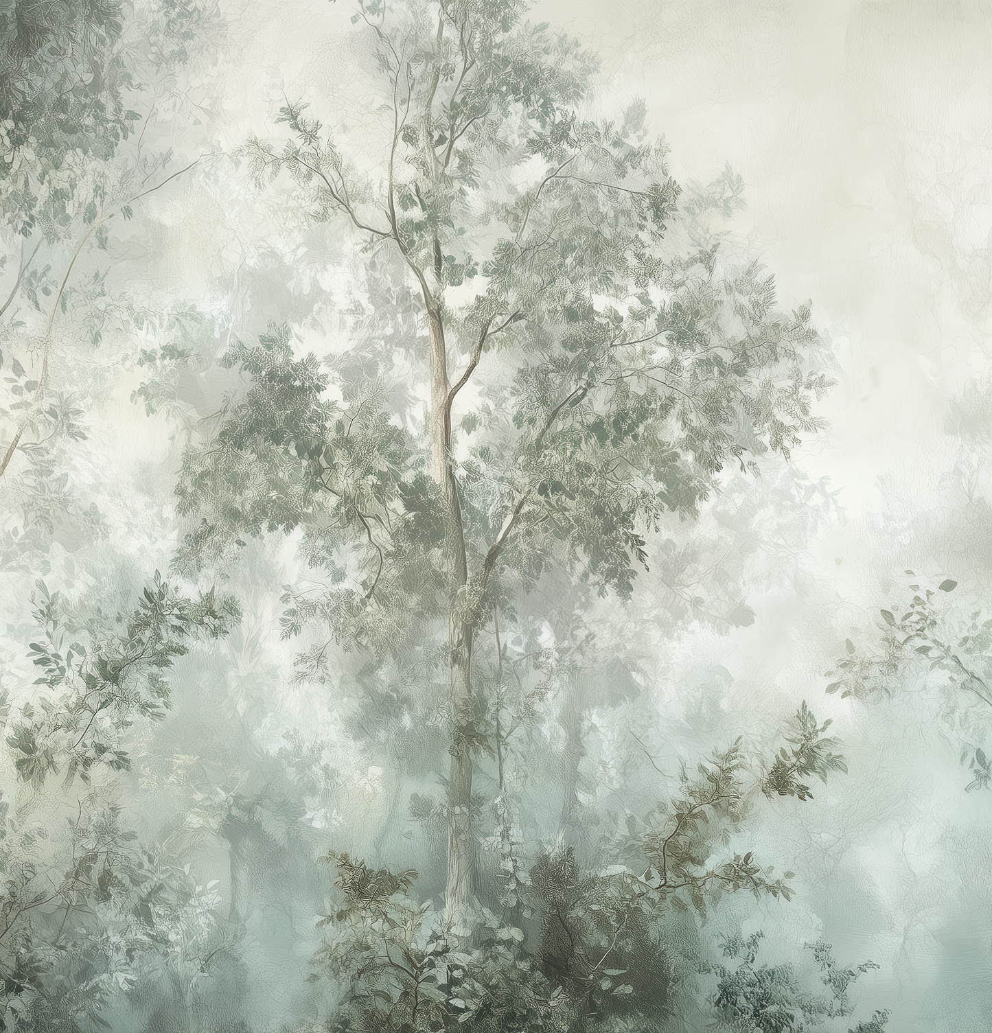 Selbstklebende Tapete „Waldhauch“ – Aquarell-Landschaft mit pastelligem Wald in Salbeigrün und Taupe