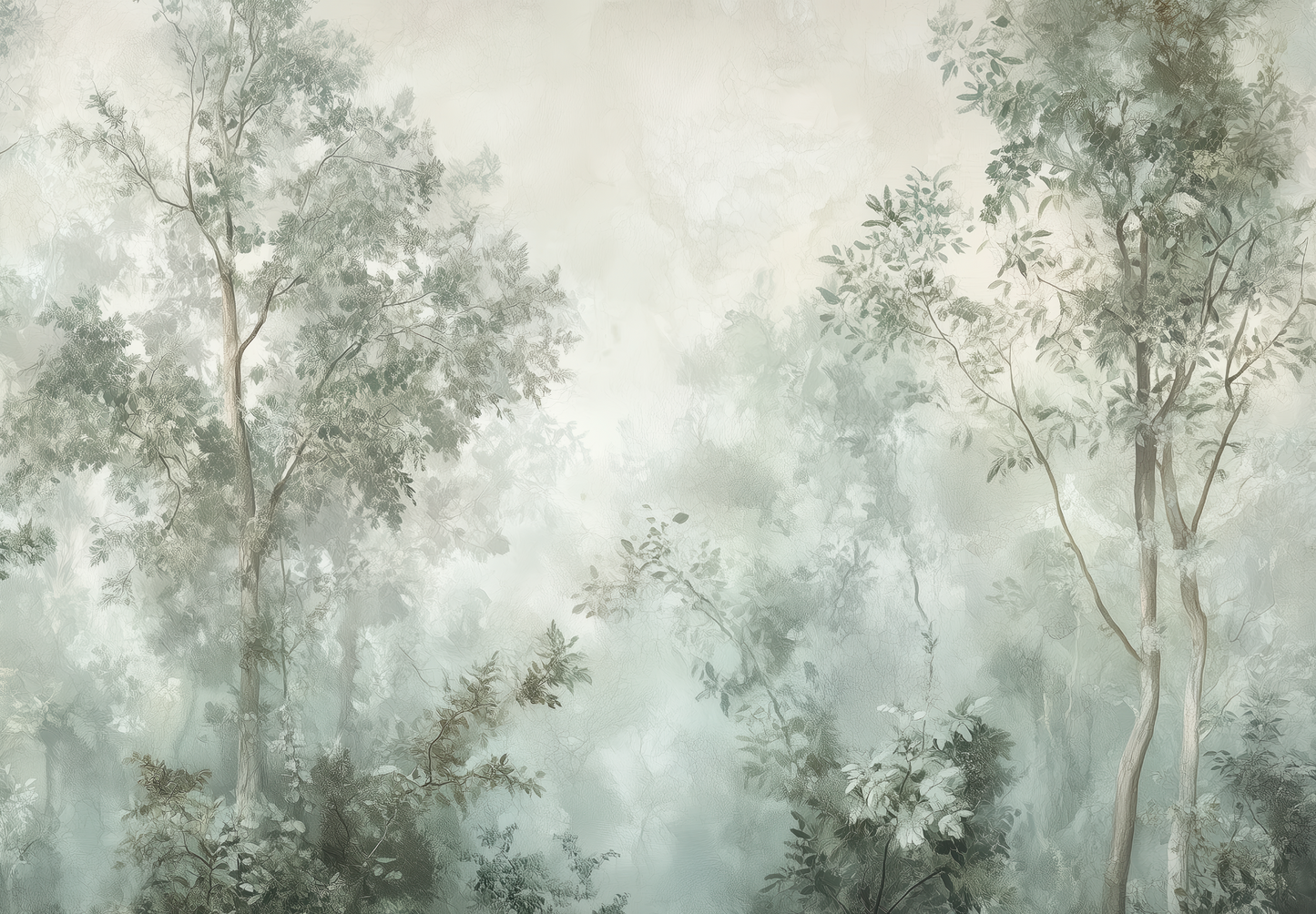 Selbstklebende Tapete „Waldhauch“ – Aquarell-Landschaft mit pastelligem Wald in Salbeigrün und Taupe