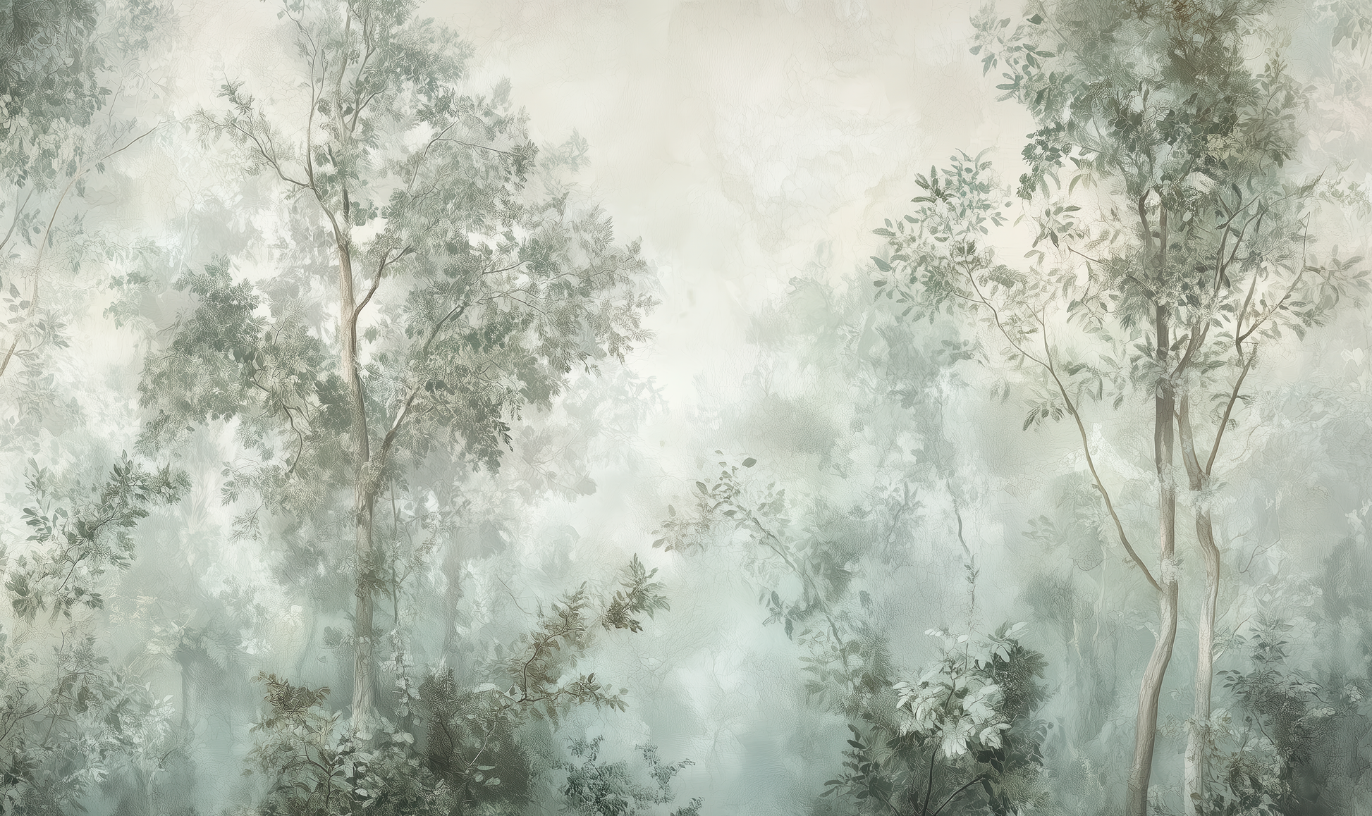 Selbstklebende Tapete „Waldhauch“ – Aquarell-Landschaft mit pastelligem Wald in Salbeigrün und Taupe