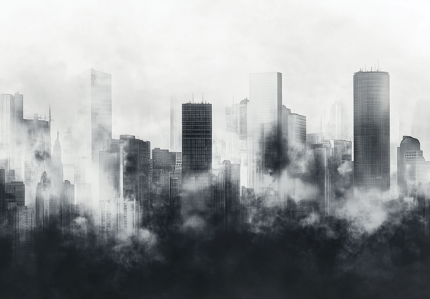 Digitaltapete „Stadtgeflüster“ mit urbaner Skyline im Nebel – in Graustufen, graphisch und modern