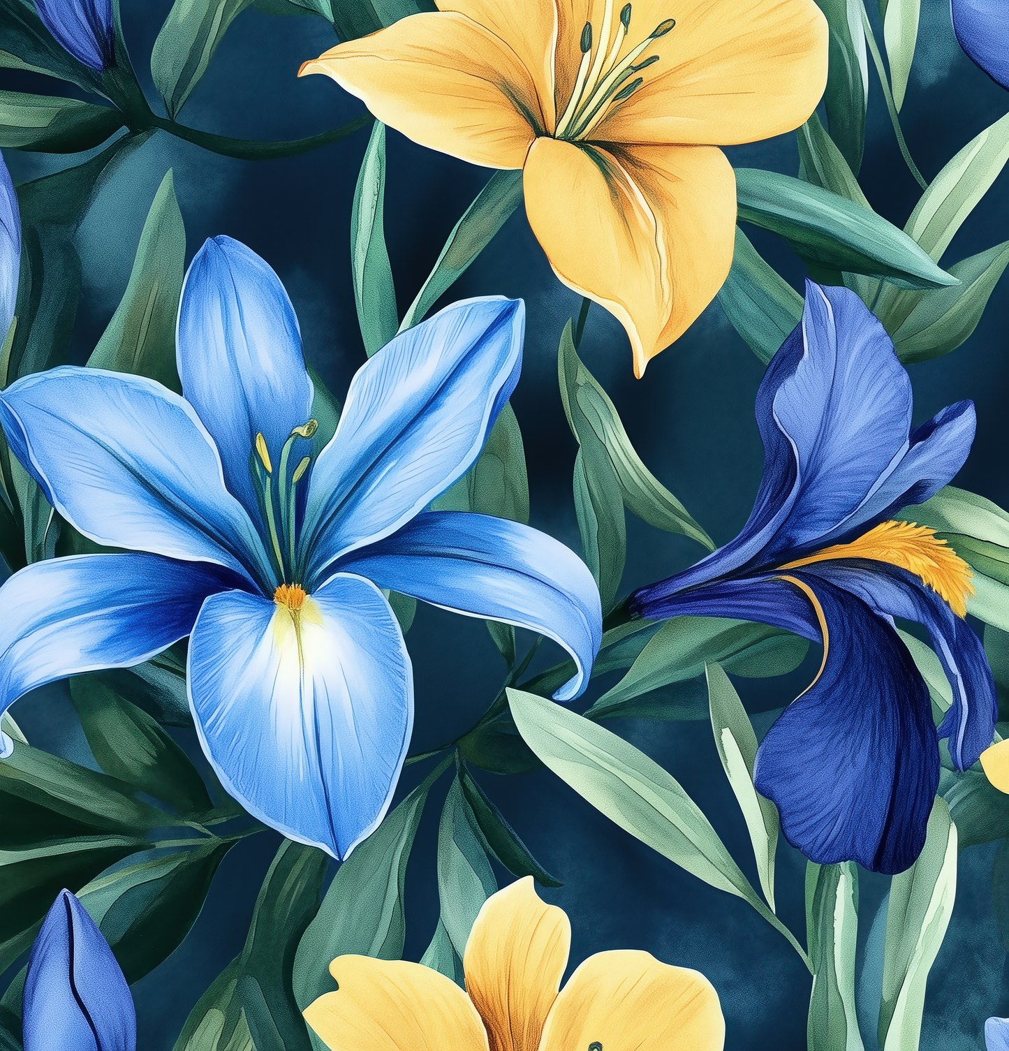 Florale Digitaltapete mit Iris und Lilien auf dunklem Grund – Design „Tiefe Blüte“