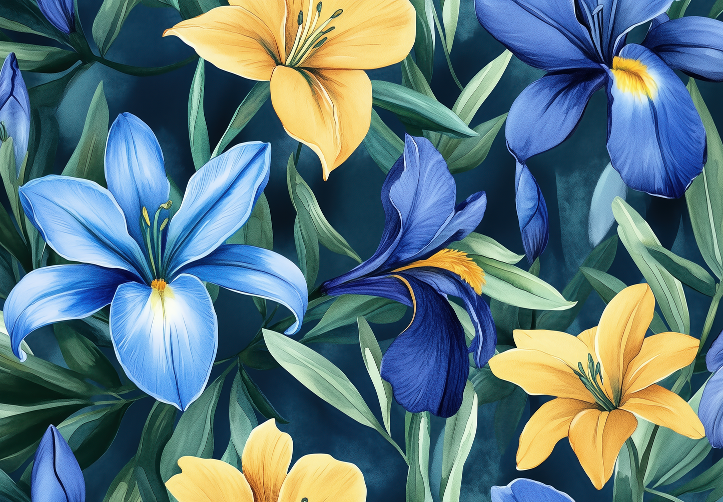 Florale Digitaltapete mit Iris und Lilien auf dunklem Grund – Design „Tiefe Blüte“