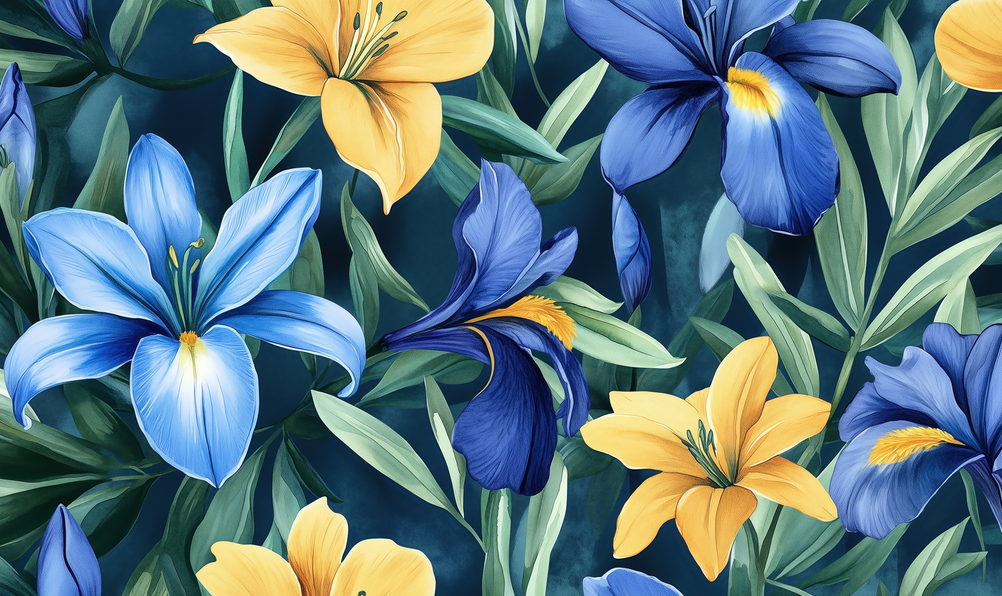 Florale Digitaltapete mit Iris und Lilien auf dunklem Grund – Design „Tiefe Blüte“