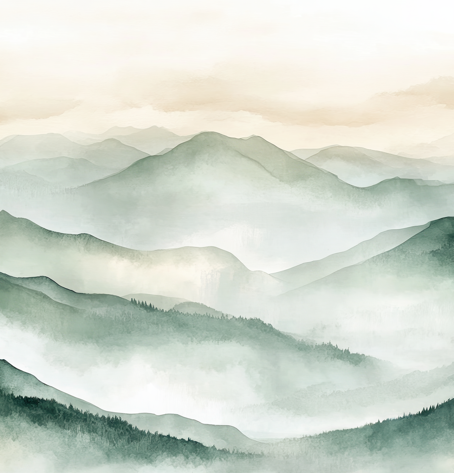 Selbstklebende Tapete „Fernes Grün“ mit Aquarell-Hügeln in Grüntönen – ruhige Vliestapete für Natur-inspirierte Raumkonzepte