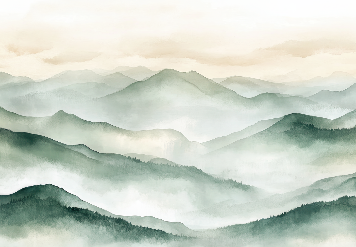 Selbstklebende Tapete „Fernes Grün“ mit Aquarell-Hügeln in Grüntönen – ruhige Vliestapete für Natur-inspirierte Raumkonzepte