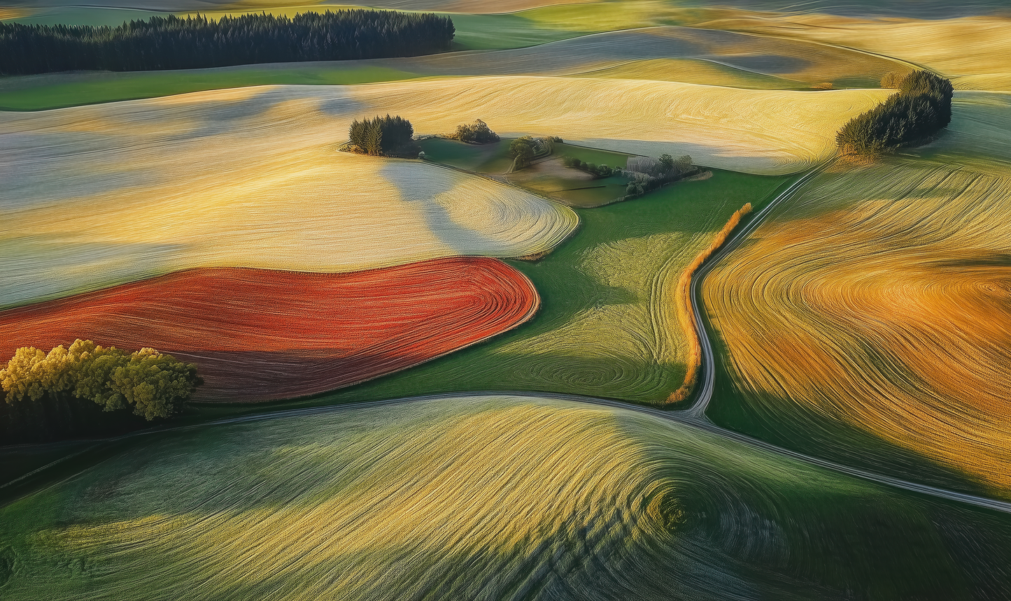 Selbstklebende Digitaltapete „Felderflüstern“ mit abstrakter Landschaft in Gold, Grün und Rot – modernes Naturdesign für kreative Wohnräume