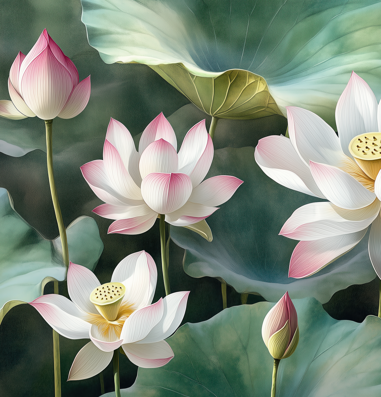 Digitaltapete „Lotusgarten“ mit stilisierten Lotusblüten in Salbei, Jade und Rosé – moderne, selbstklebende Vliestapete mit grafischer Klarheit