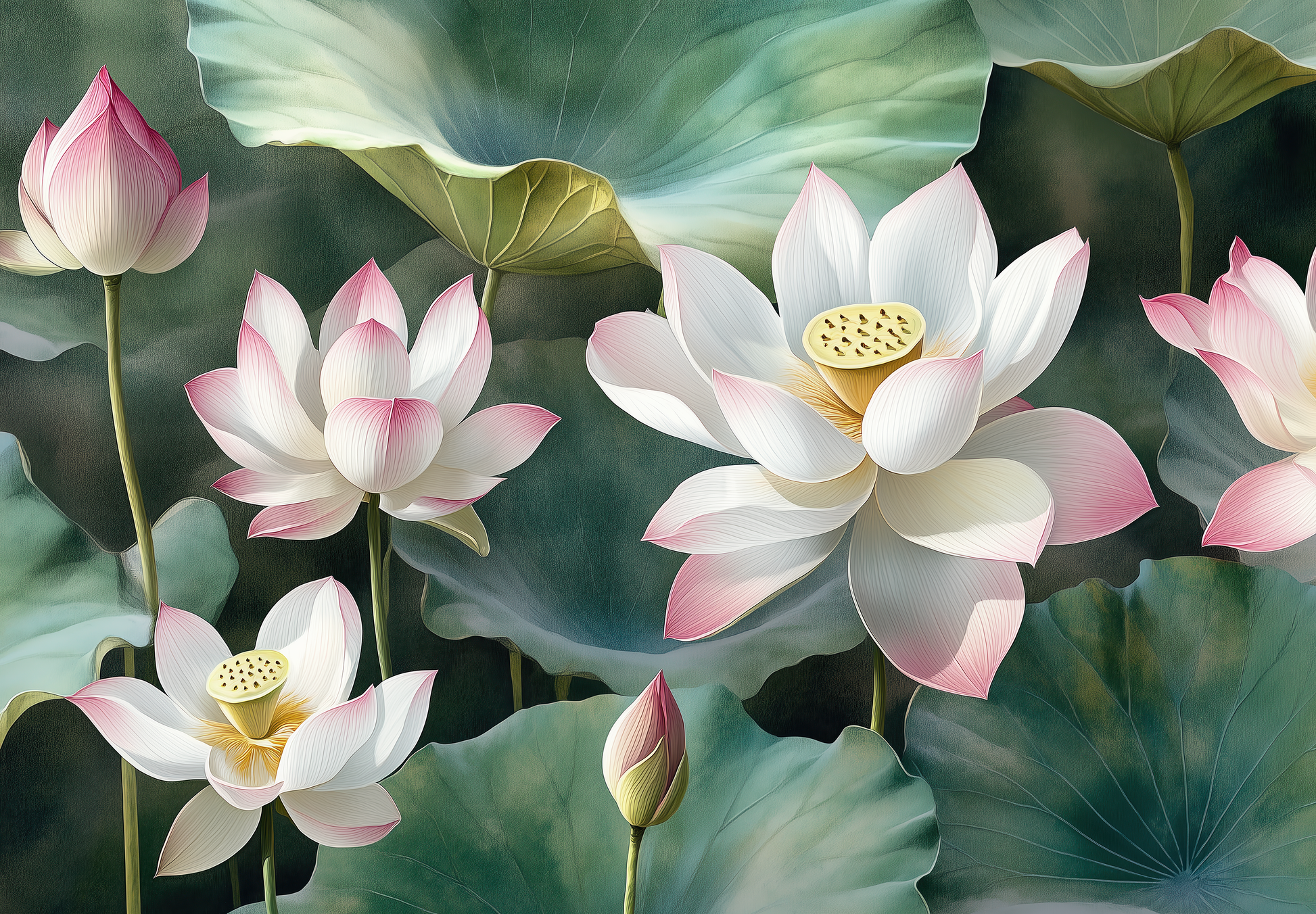 Digitaltapete „Lotusgarten“ mit stilisierten Lotusblüten in Salbei, Jade und Rosé – moderne, selbstklebende Vliestapete mit grafischer Klarheit