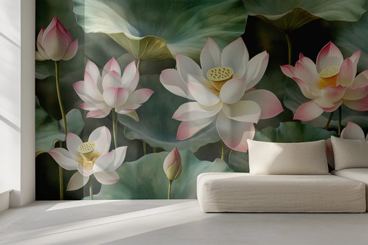 Digitaltapete „Lotusgarten“ mit stilisierten Lotusblüten in Salbei, Jade und Rosé – moderne, selbstklebende Vliestapete mit grafischer Klarheit