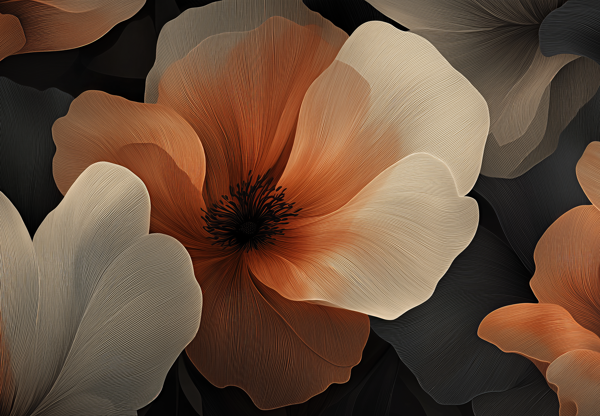 Florale Vliestapete „Amber Whisper“ in Bernsteintönen mit feinen Linien und eleganter Struktur für stilvolle Raumgestaltung