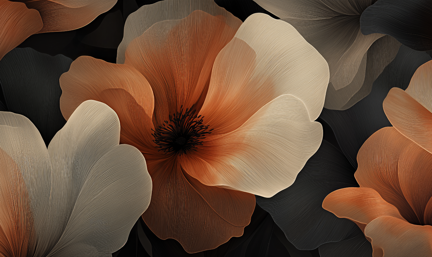 Florale Vliestapete „Amber Whisper“ in Bernsteintönen mit feinen Linien und eleganter Struktur für stilvolle Raumgestaltung