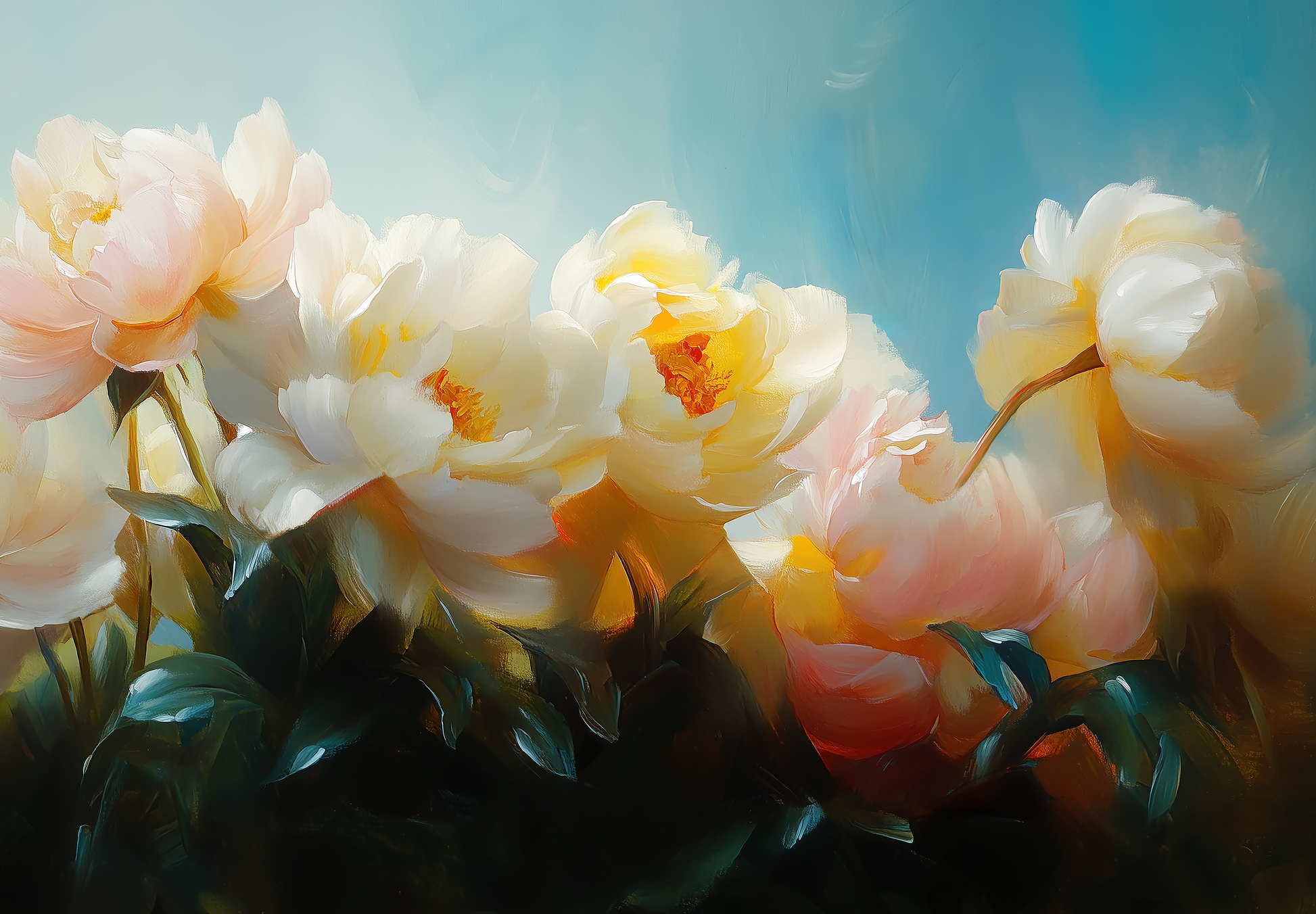 Selbstklebende Tapete mit Pfingstrosen in Weiß, Rosé und Gold auf Vlies – florales Kunstmotiv für stilvolle Raumgestaltung.
