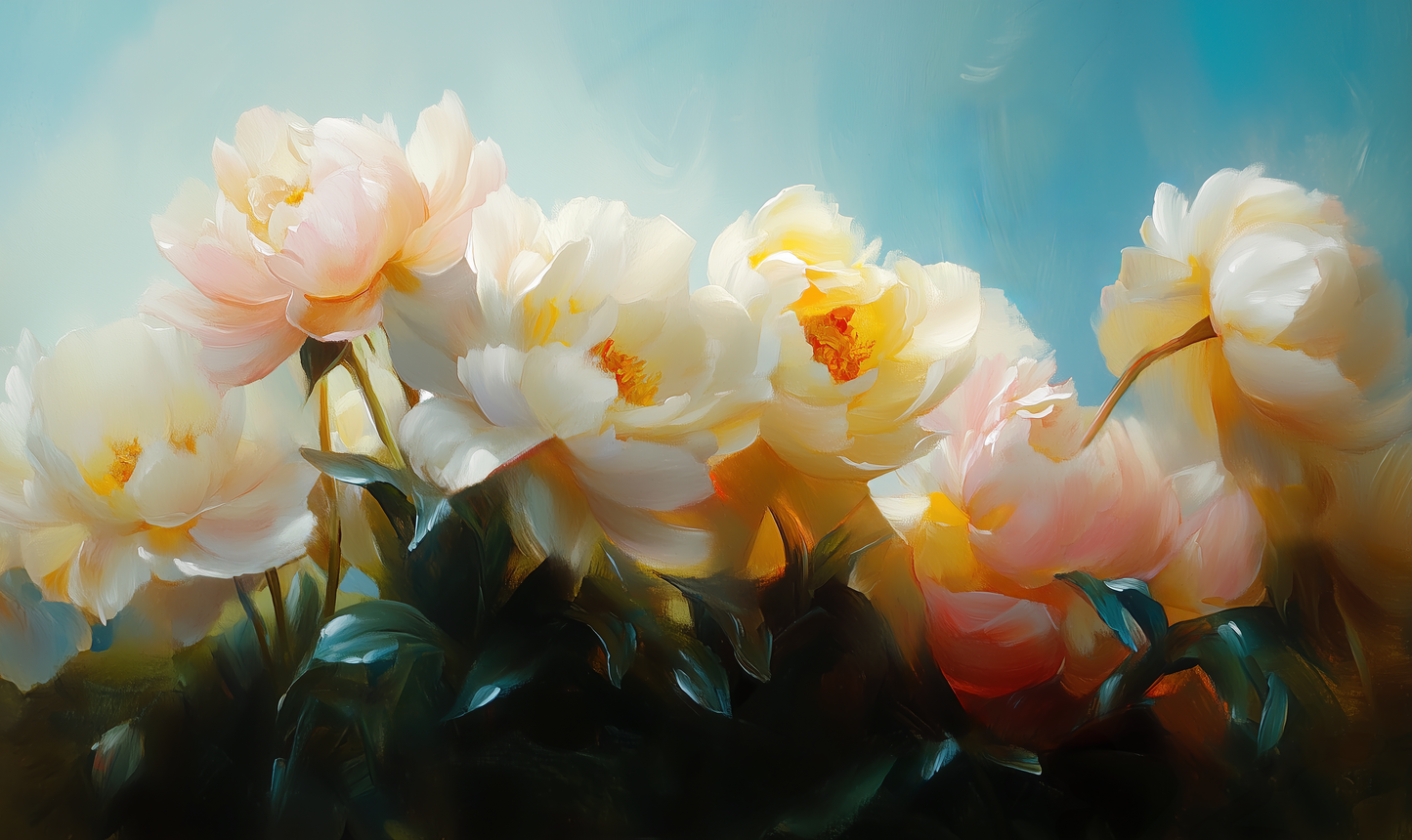 Selbstklebende Tapete mit Pfingstrosen in Weiß, Rosé und Gold auf Vlies – florales Kunstmotiv für stilvolle Raumgestaltung.
