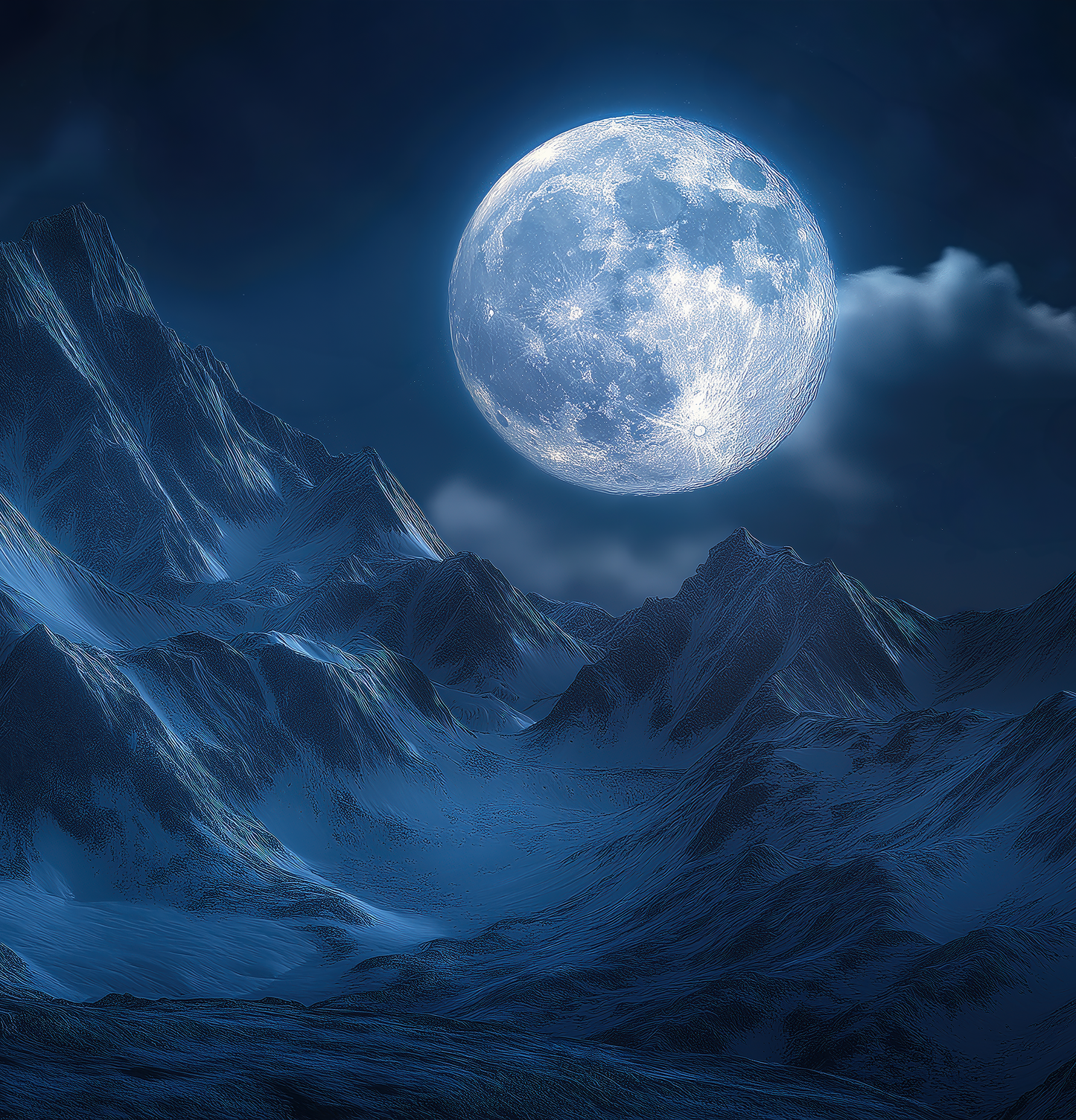 „Lunar Dreams“ mit Vollmond über Bergsilhouetten in dunklem Blau – stimmungsvolle Wandgestaltung für ruhige und kreative Räume.