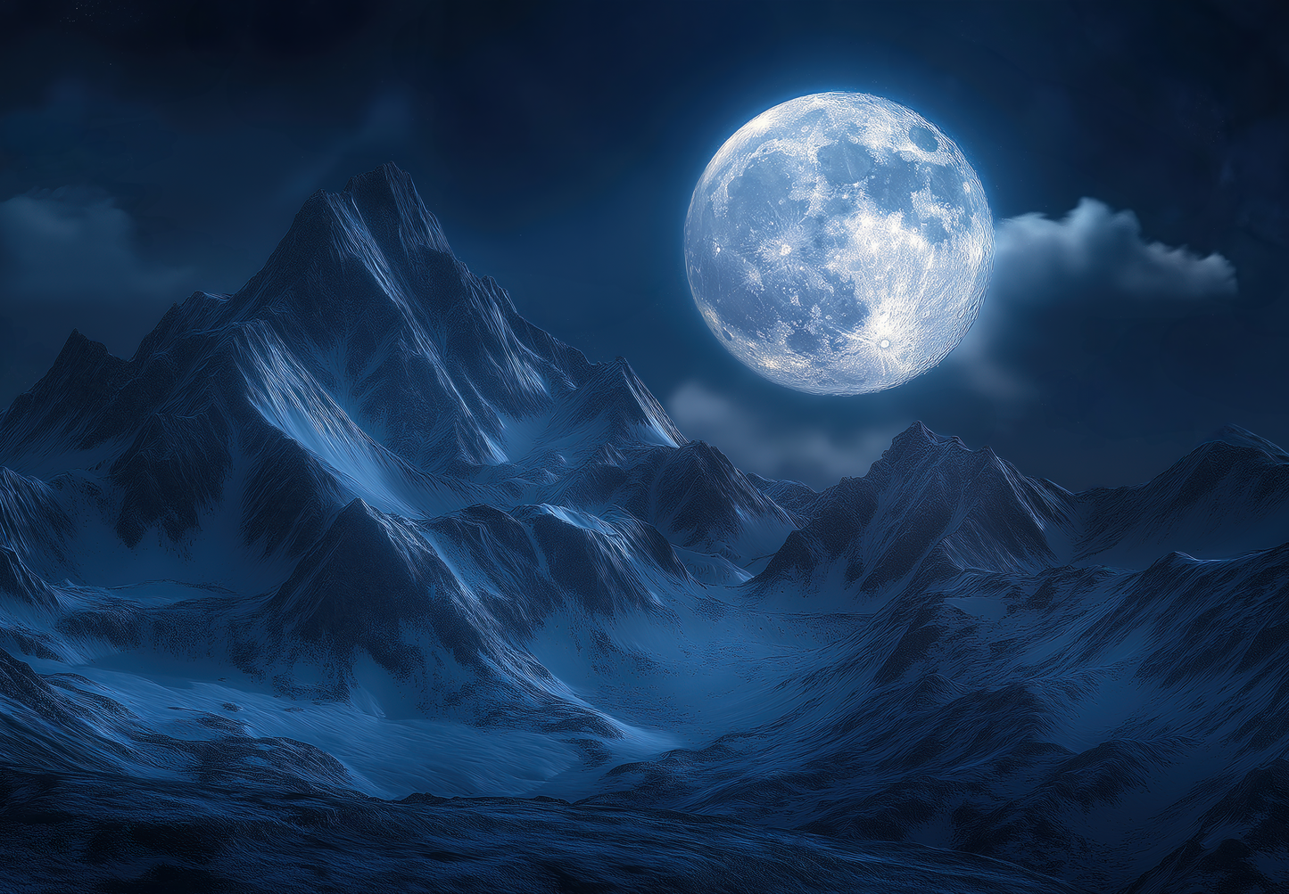 „Lunar Dreams“ mit Vollmond über Bergsilhouetten in dunklem Blau – stimmungsvolle Wandgestaltung für ruhige und kreative Räume.