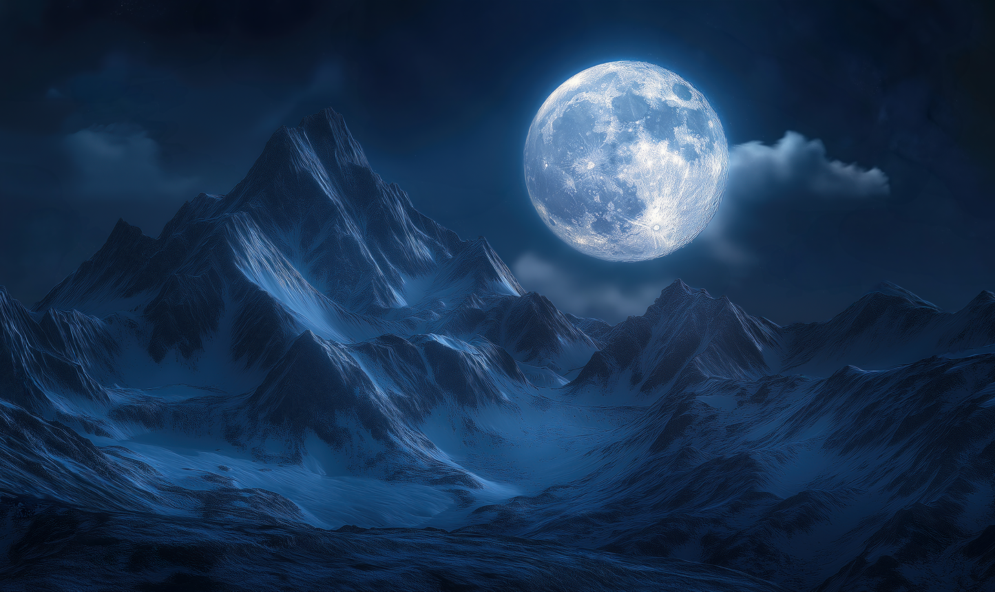 „Lunar Dreams“ mit Vollmond über Bergsilhouetten in dunklem Blau – stimmungsvolle Wandgestaltung für ruhige und kreative Räume.