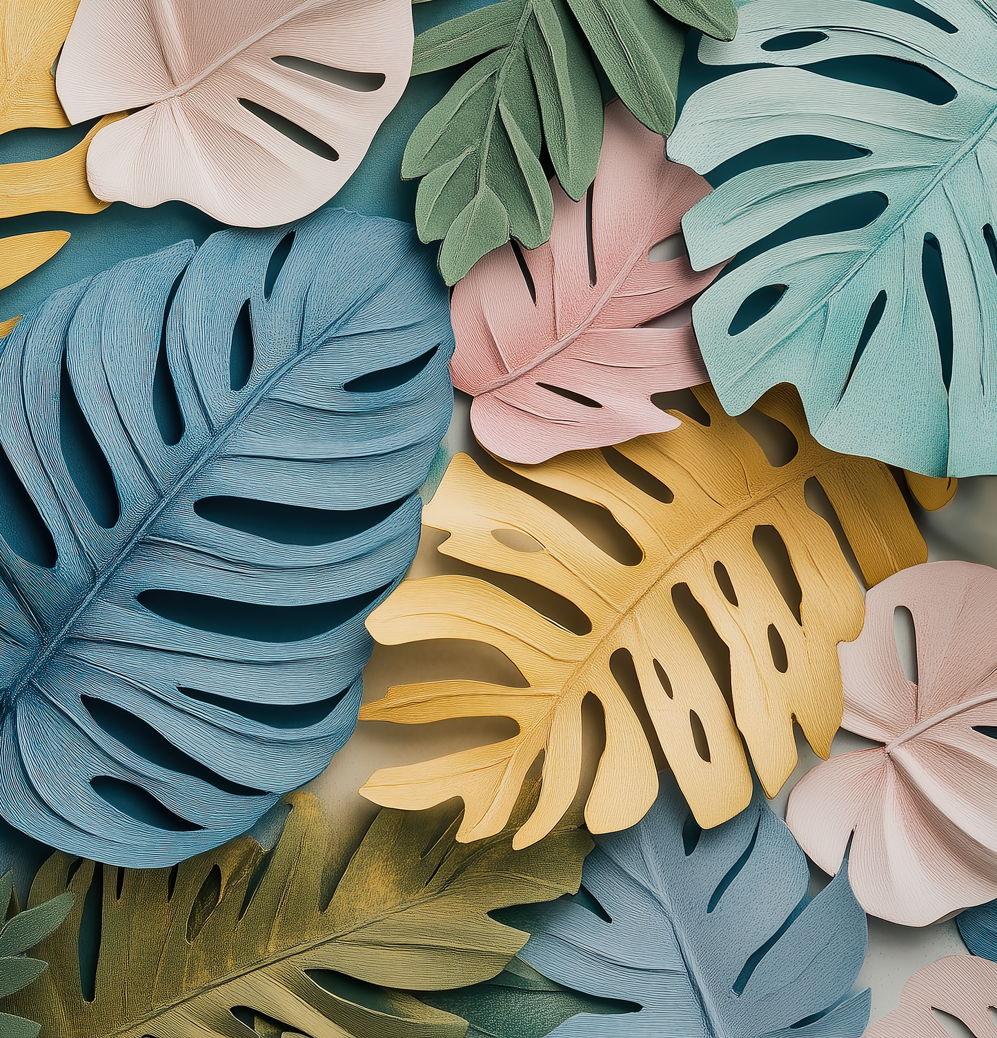 Color Tropic – Self-adhesive digital wallpaper with stylized monstera and palm leaves in sorbet colors