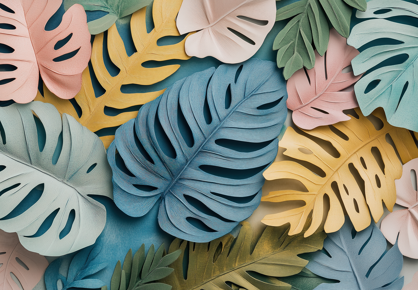 Color Tropic – Self-adhesive digital wallpaper with stylized monstera and palm leaves in sorbet colors
