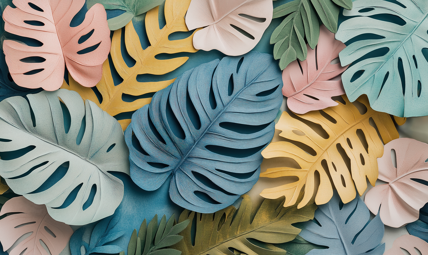 Color Tropic – Self-adhesive digital wallpaper with stylized monstera and palm leaves in sorbet colors