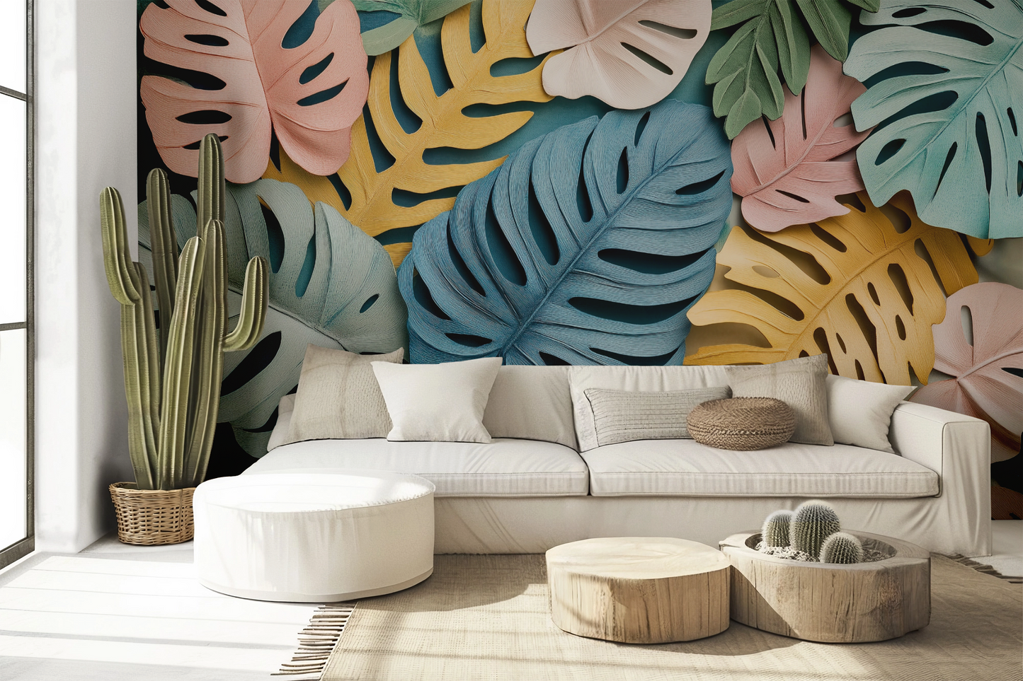 Color Tropic – Self-adhesive digital wallpaper with stylized monstera and palm leaves in sorbet colors