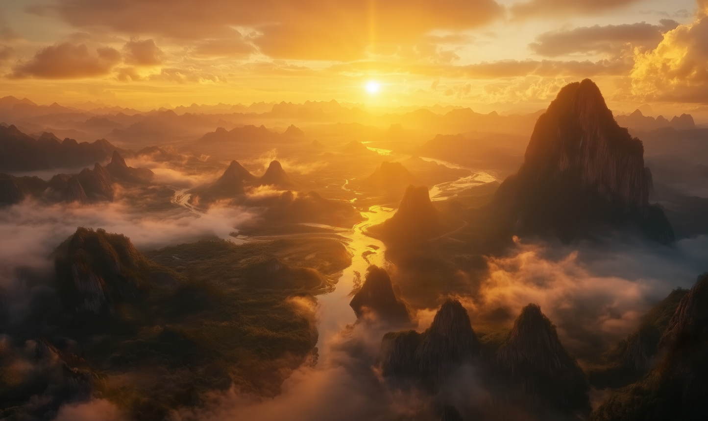 Goldene Weite – Digitale Landschaftstapete mit Sonnenuntergang & Bergpanorama