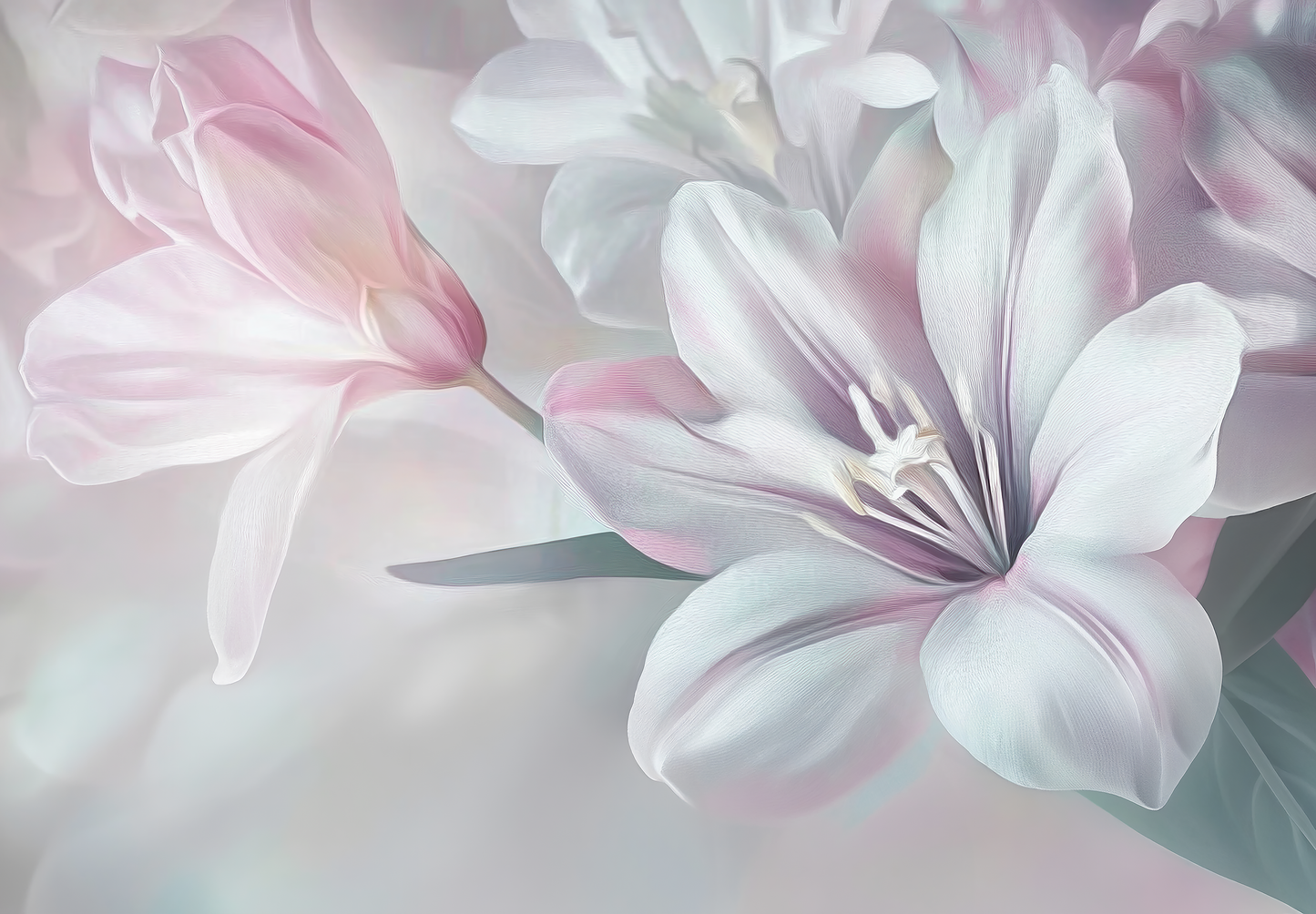 Blossom Whisper – Florale Digitaltapete mit Rosé-Blüten und sanften Naturtönen auf Vlies