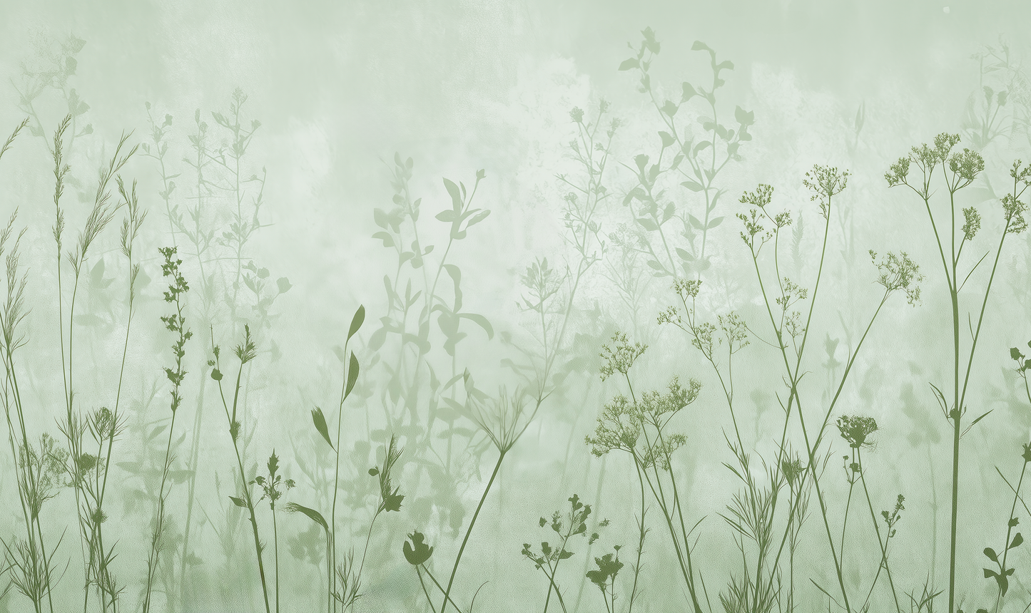 Wiesentanz – Digitaltapete mit Gräsern und Blüten in sanfter Salbeigrün-Ästhetik