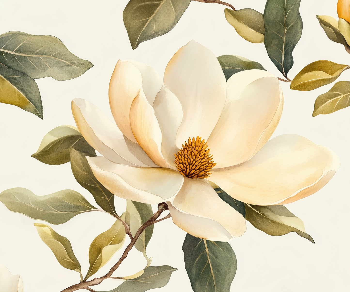 Magnolia Grace – Selbstklebende Digitaltapete mit großformatigen Magnolien in Creme, Gold und Olivgrün
