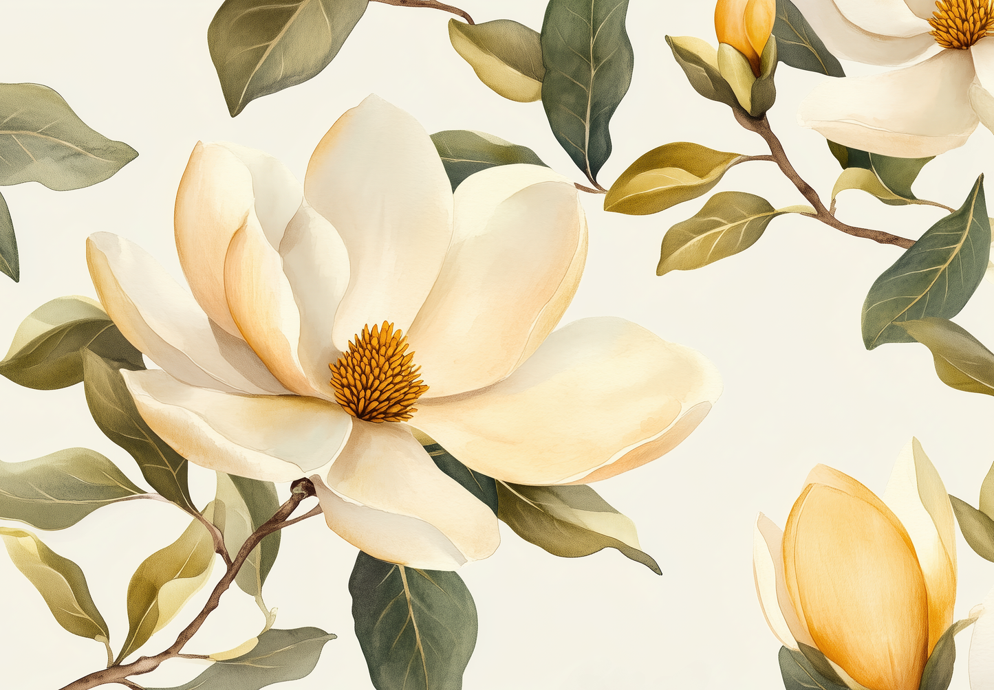 Magnolia Grace – Selbstklebende Digitaltapete mit großformatigen Magnolien in Creme, Gold und Olivgrün