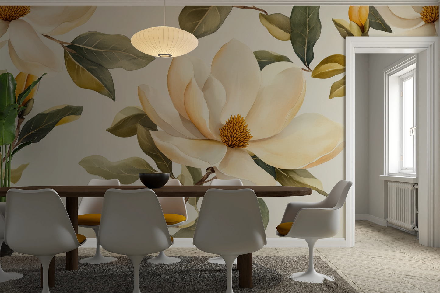 Magnolia Grace – Selbstklebende Digitaltapete mit großformatigen Magnolien in Creme, Gold und Olivgrün
