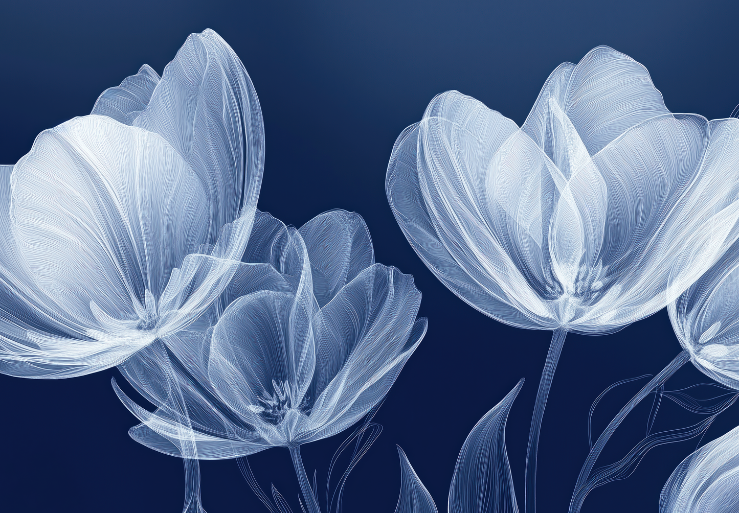 Nachtschimmer – Moderne selbstklebende Tapete in Tiefblau mit floraler Grafik, als Wandbild im Digitaldruck