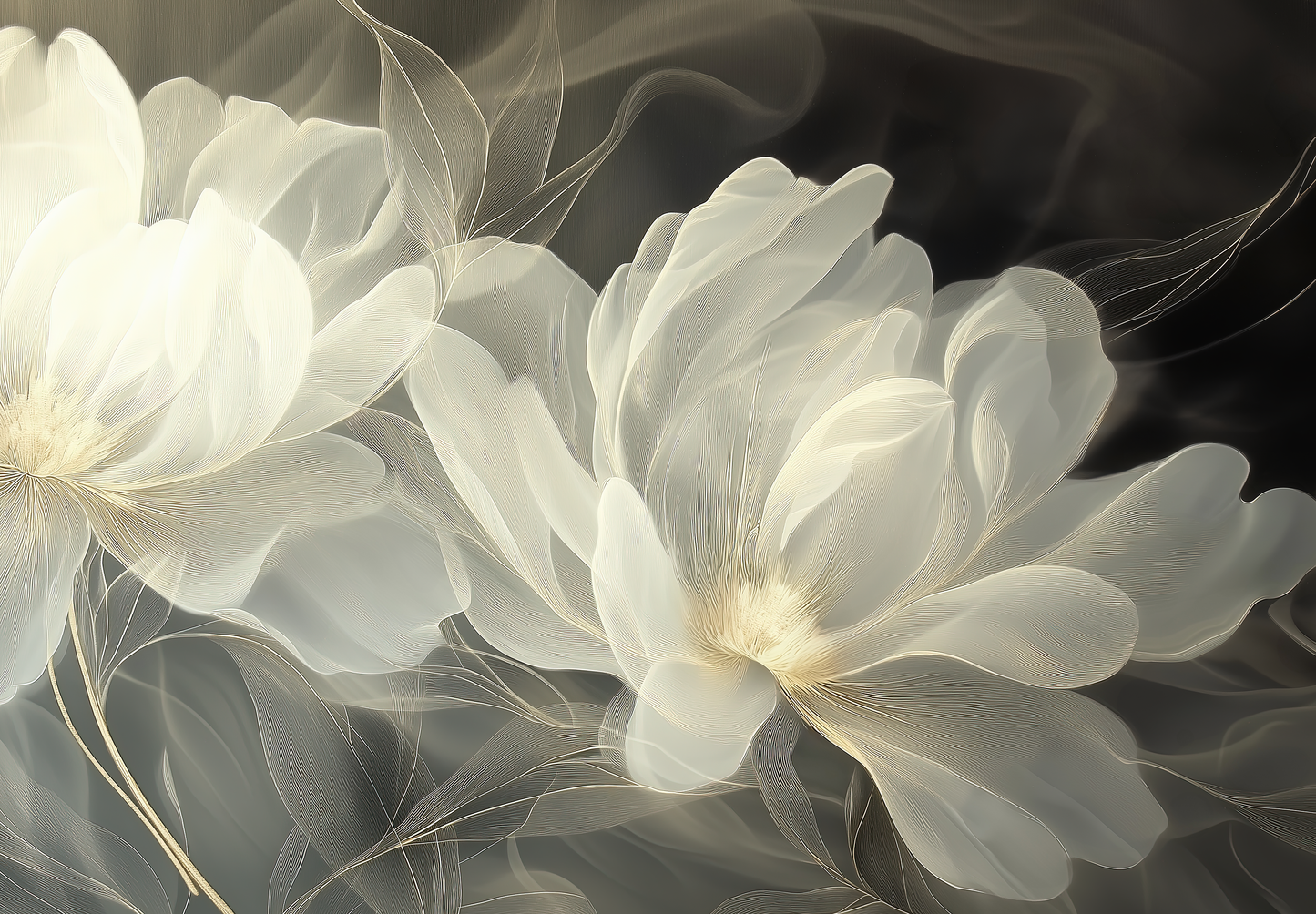 Golden Ferns – Digitale Tapete mit eleganten Blüten und Goldakzenten