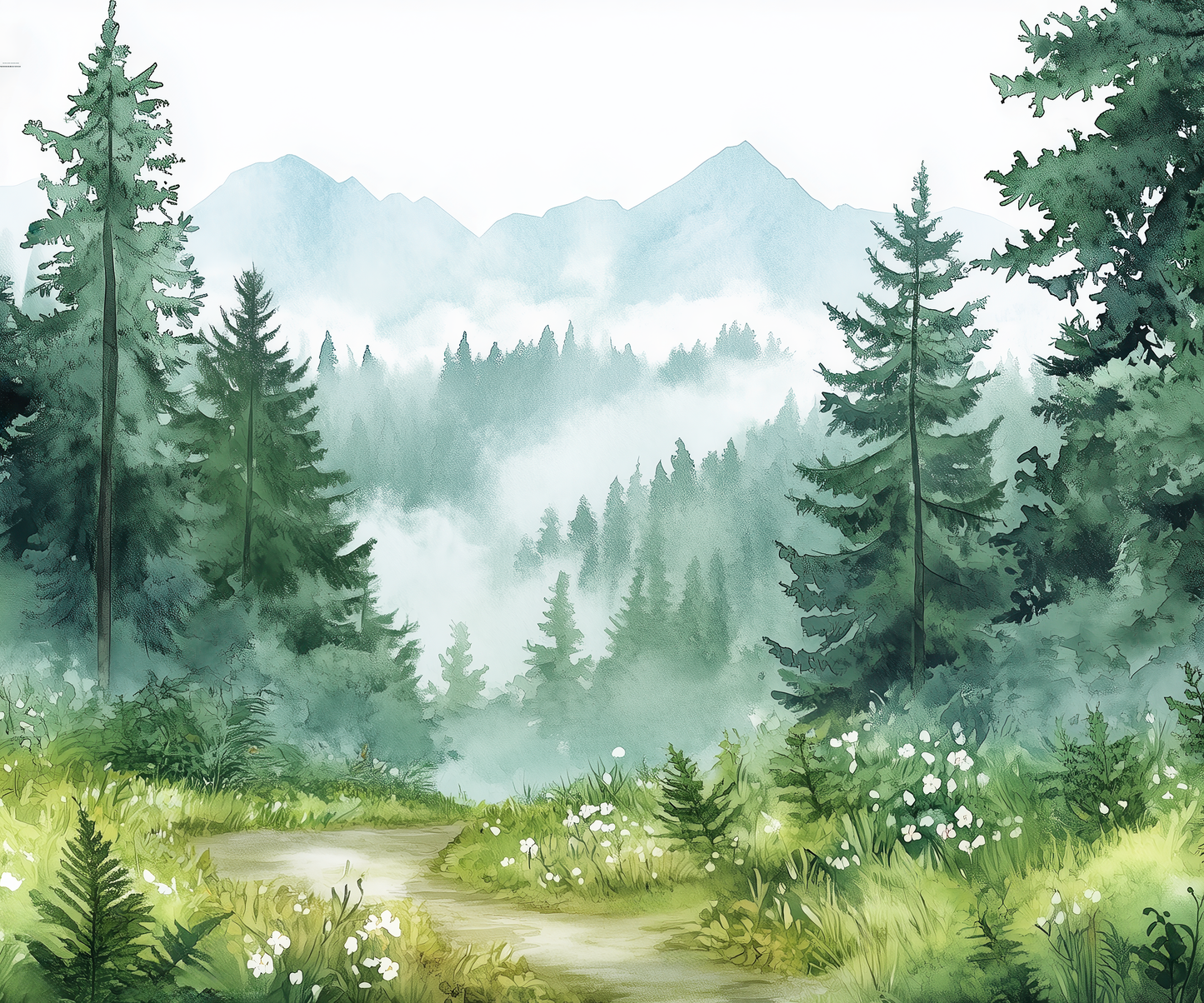 Waldpfad – Waldtapete mit mystischer Aquarellszene