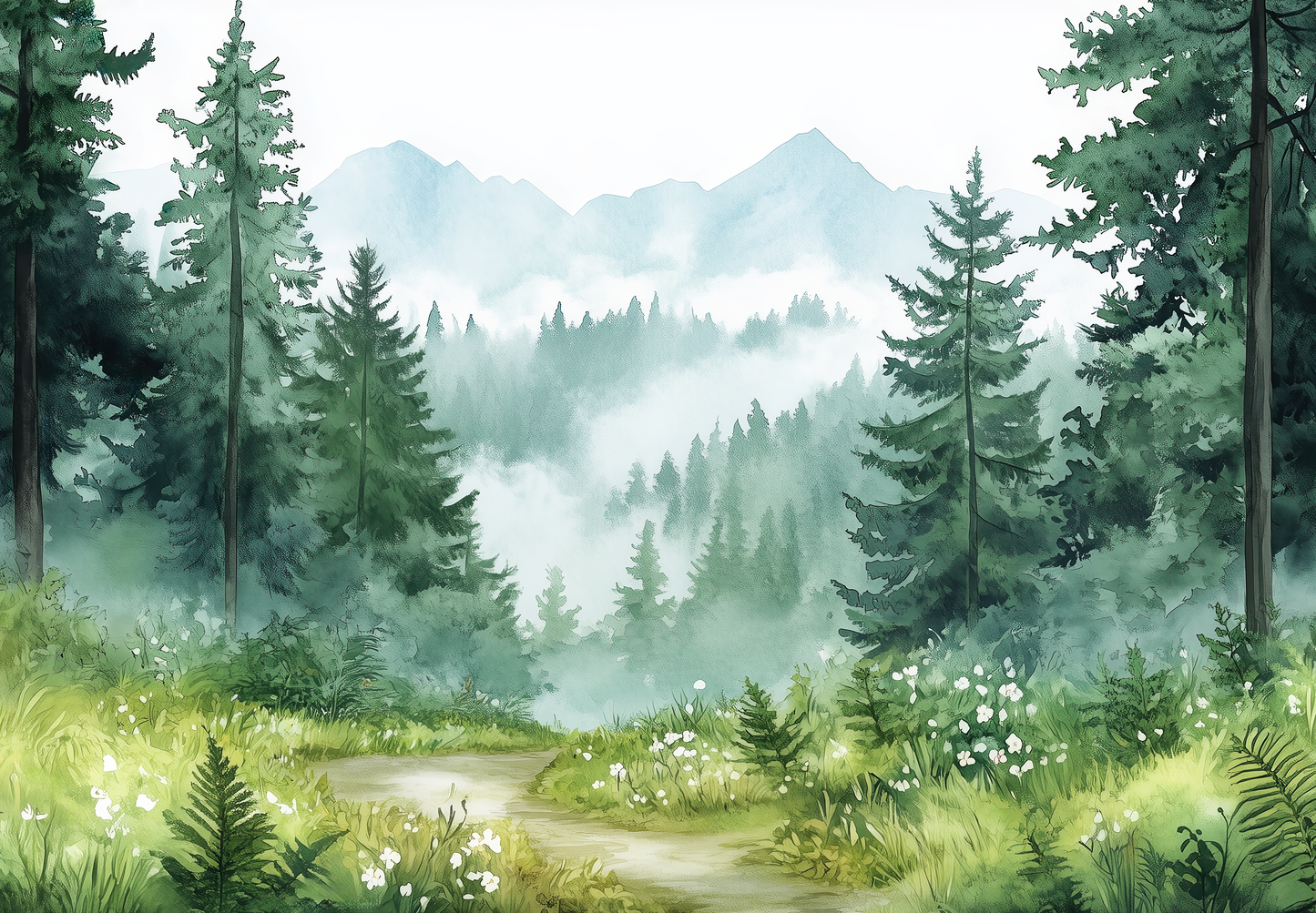 Waldpfad – Waldtapete mit mystischer Aquarellszene