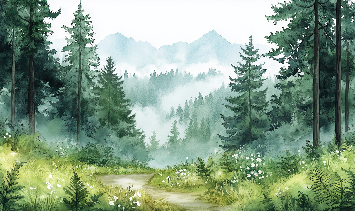 Waldpfad – Waldtapete mit mystischer Aquarellszene