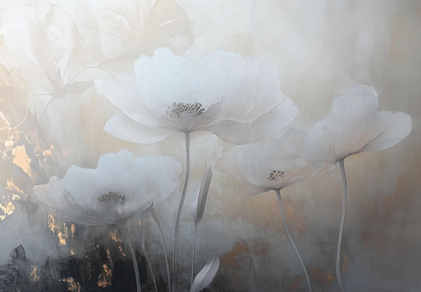 Silent Bloom – Blumentapete mit goldenen Akzenten