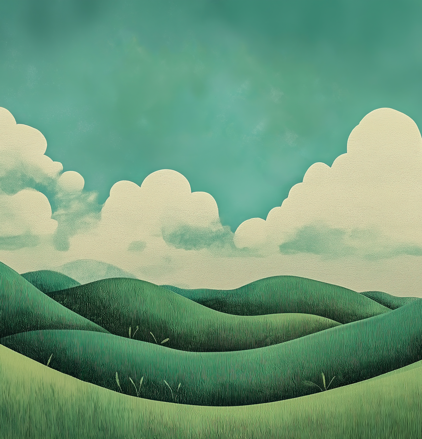 Wolkenwiesen – Digitale Wandtapete mit stilisierter Landschaft
