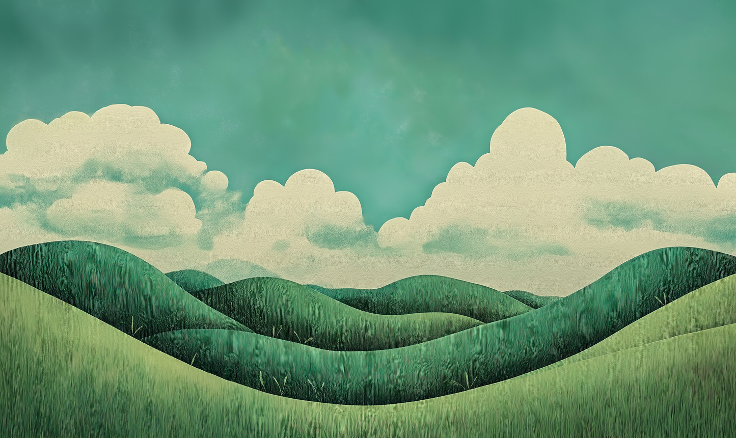 Wolkenwiesen – Digitale Wandtapete mit stilisierter Landschaft
