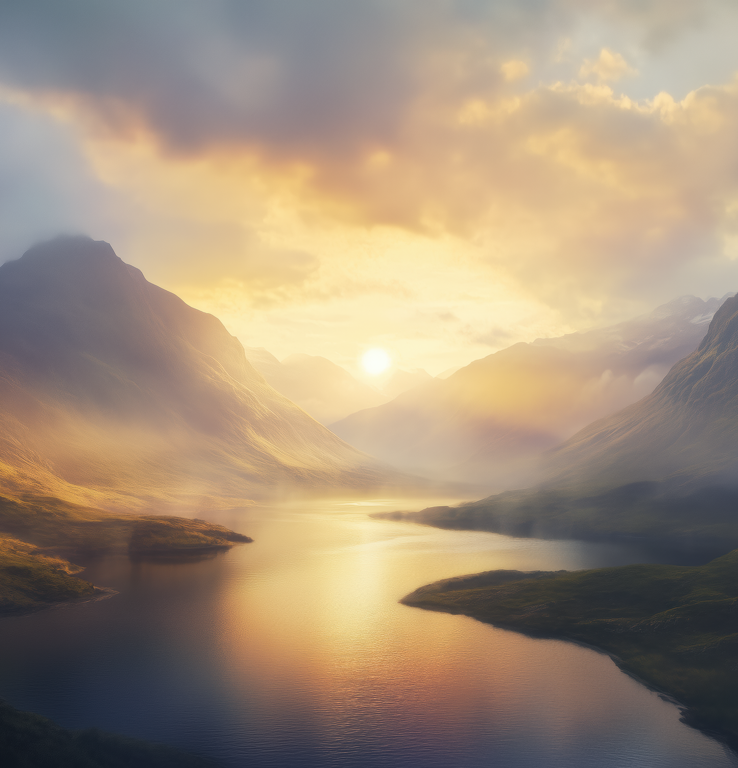 Golden Fjord – Selbstklebende Tapete mit ruhigem Bergpanorama