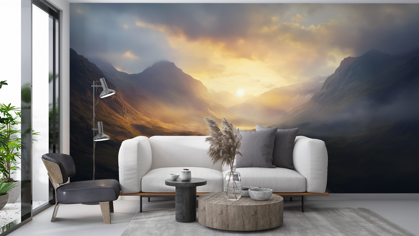 Golden Fjord – Selbstklebende Tapete mit ruhigem Bergpanorama