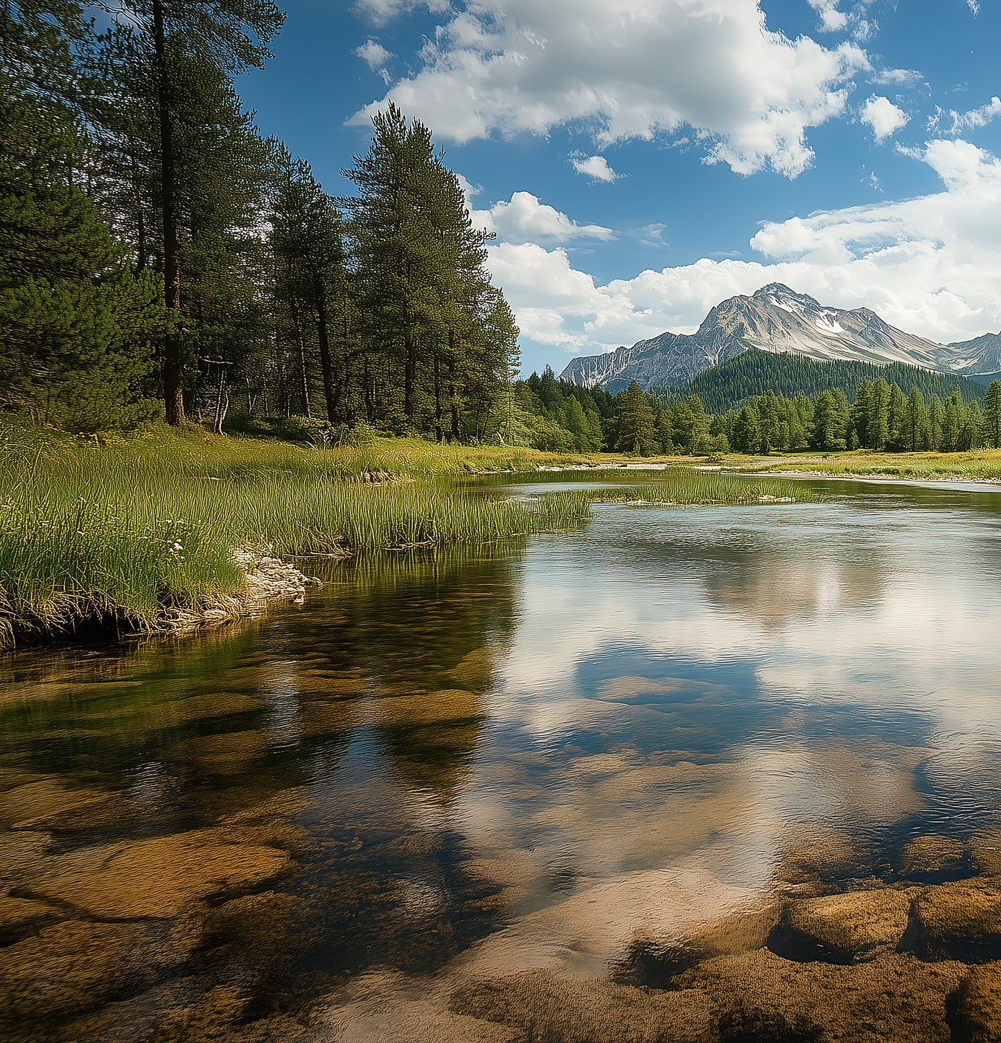 Selbstklebende Panorama-Tapete Bergruhe mit alpinem Landschaftsmotiv in Naturgrau & Moosgrün. Perfekt für ruhige Wohnräume, Spa, Hotel oder Homeoffice.