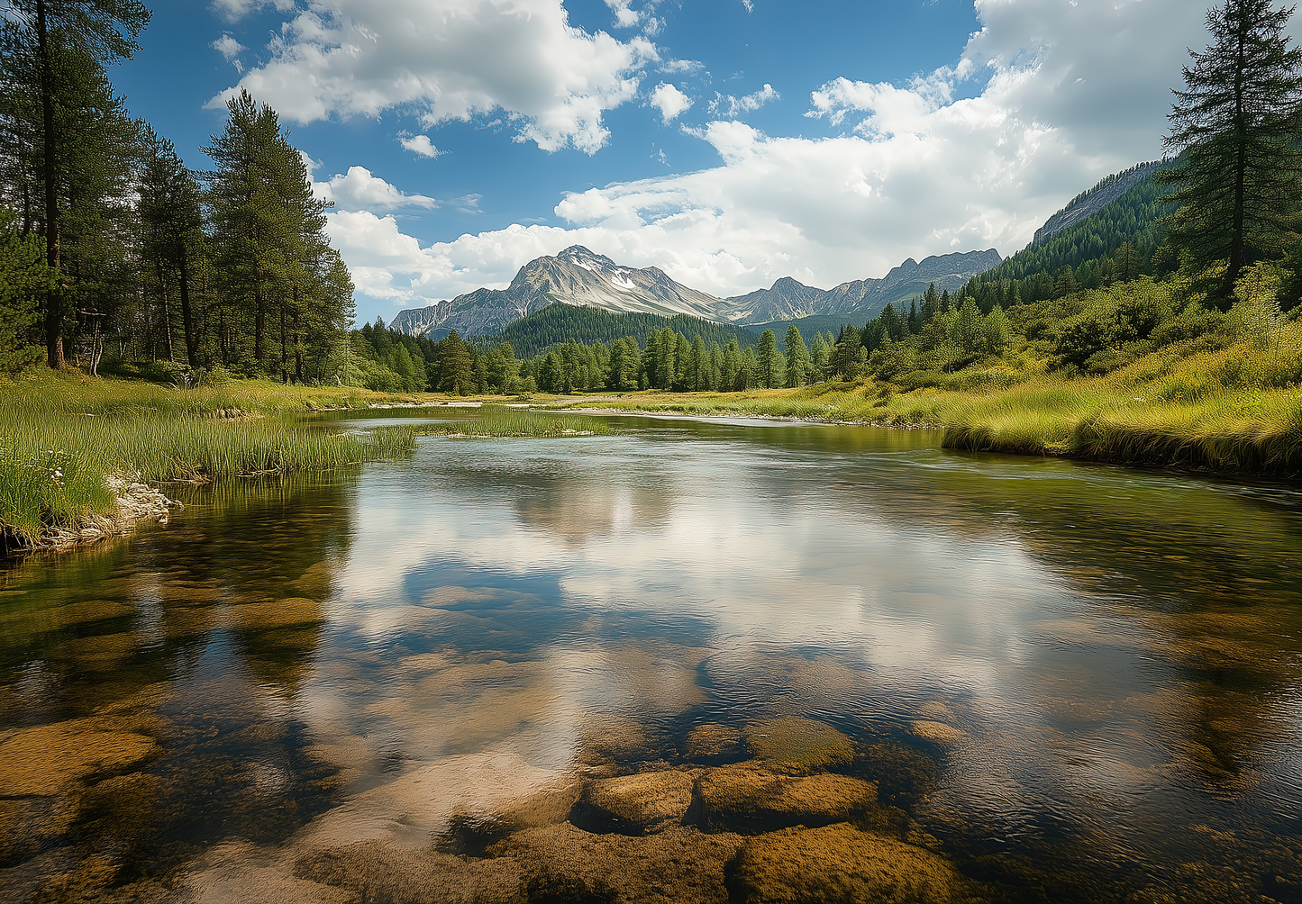 Selbstklebende Panorama-Tapete Bergruhe mit alpinem Landschaftsmotiv in Naturgrau & Moosgrün. Perfekt für ruhige Wohnräume, Spa, Hotel oder Homeoffice.