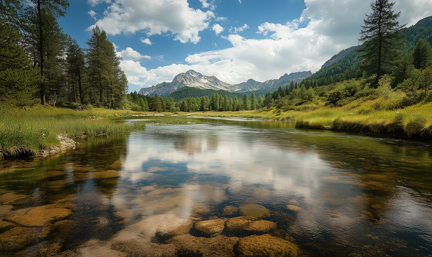Selbstklebende Panorama-Tapete Bergruhe mit alpinem Landschaftsmotiv in Naturgrau & Moosgrün. Perfekt für ruhige Wohnräume, Spa, Hotel oder Homeoffice.