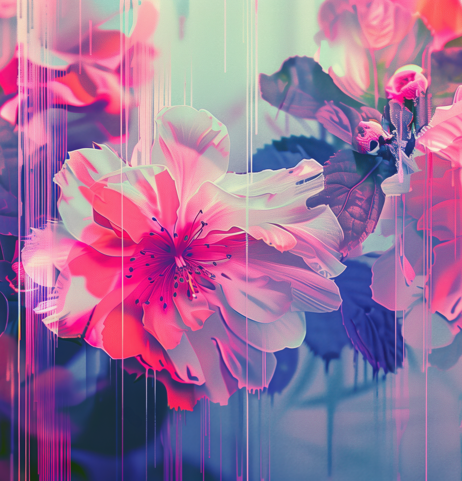 Entdecken Sie Bloomshift – die selbstklebende Tapete mit floralen Glitch-Effekten in Pink & Violett. Ideal für kreative Räume, moderne Wohnideen & stilvolle Interieurs.